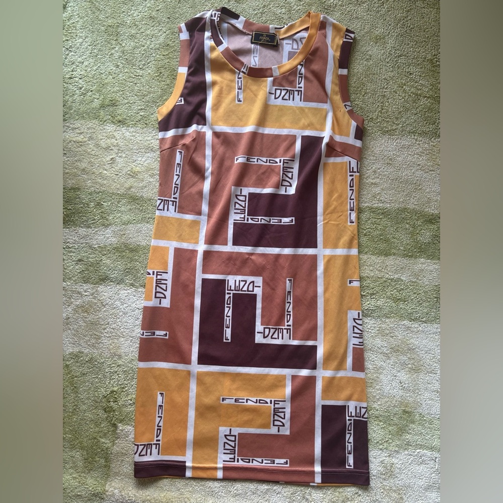Fendi Brown and Yellow Logo Mini Dress